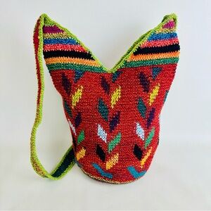 Shoulder Bucket Bag Red Crocheted Design Hippie Boho Purse Aztec Crossbody